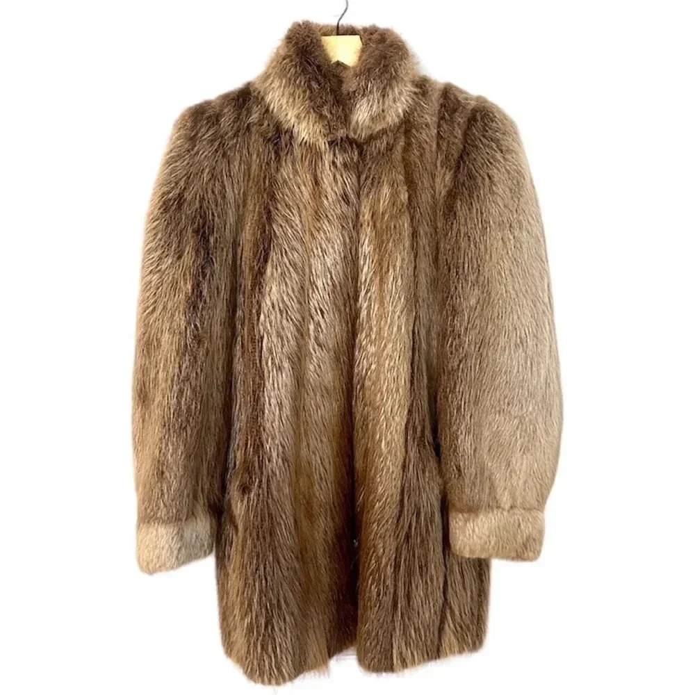 Revillon Saks Fifth Avenue Vintage Full Beaver High Neck Fur Coat W/ Pockets GUC